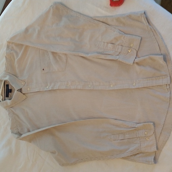 Tommy Hilfiger tan stripe cotton button down long sleeve shirt preppy xl - Picture 1 of 4